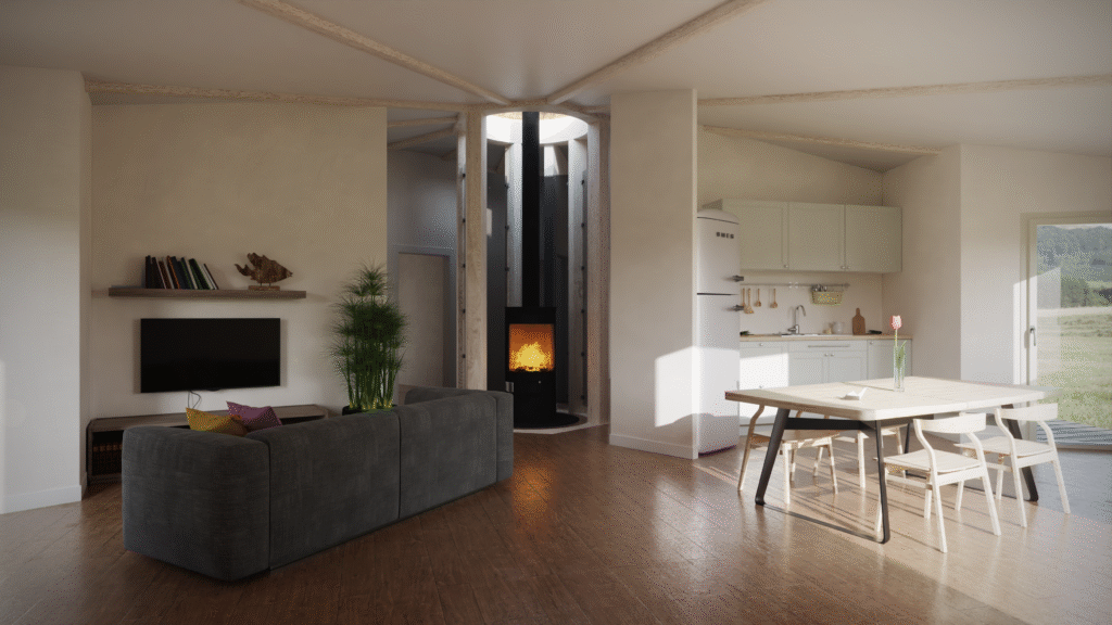 vue intérieure maison plain pied avec un pôele au centre de l'habitat